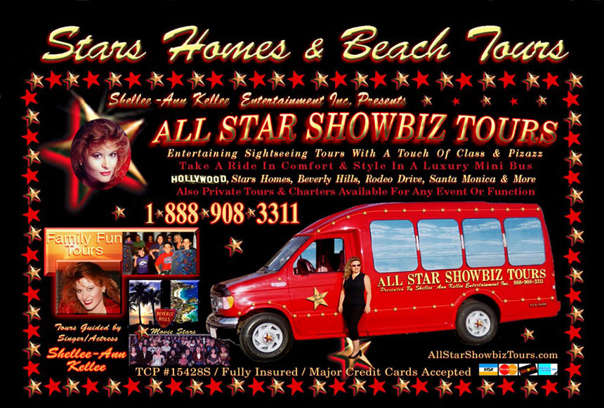 Postcard for All Star Showbiz Tours in Hollywood, Beverly Hills and Bel Air.